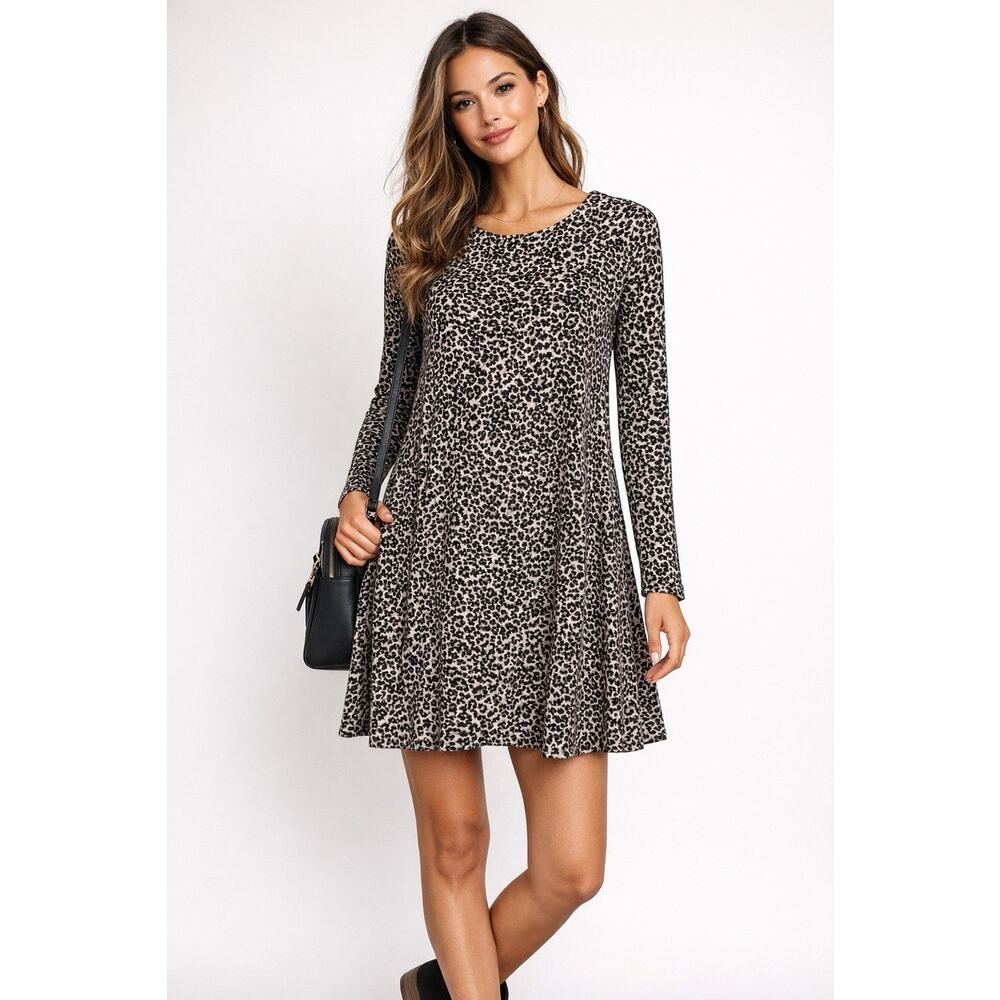 Old Navy Leopard Print A-Line Short Dress M Long Sleeve Brown Beige